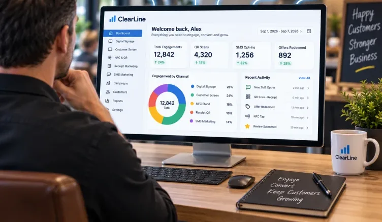 A merchant reviews the POS Marketing dashboard with reviews, engagement and campaign results.