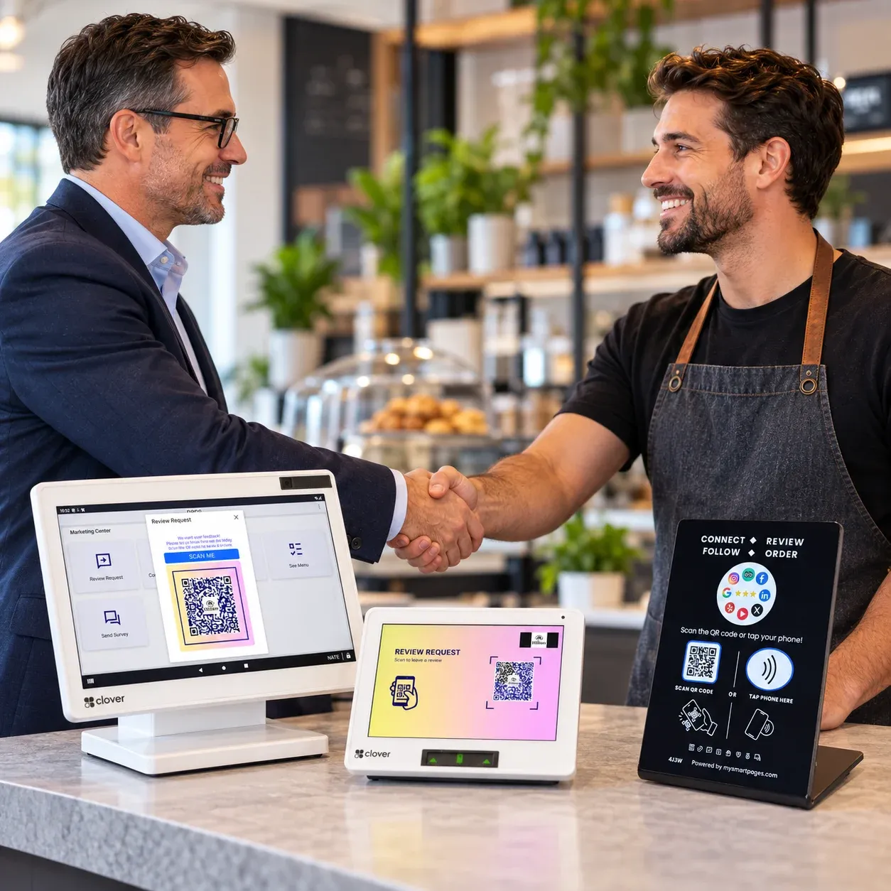 A partner and a merchant shake hands across a counter with Clover and POS Marketing NFC stands.