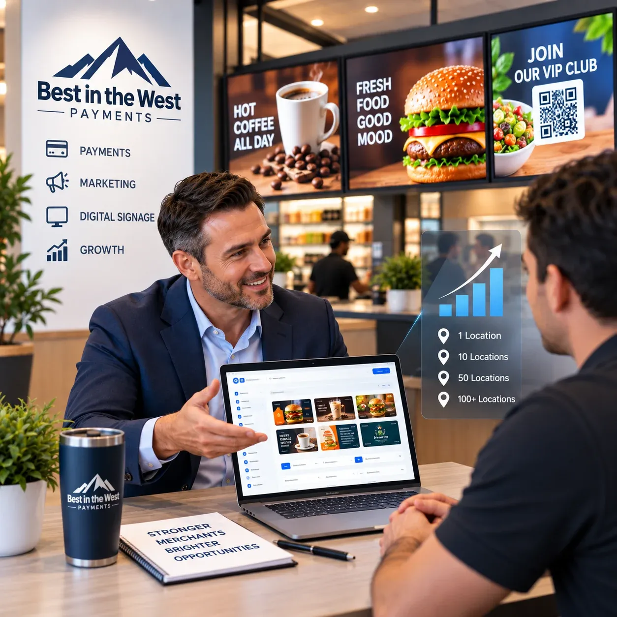 A payment partner presents POS Marketing on a laptop to a restaurant owner.