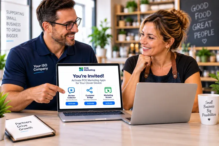 A payment partner shows a café owner the POS Marketing invitation on a laptop.