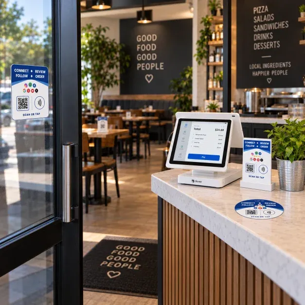 POS Marketing NFC stands on a store counter beside a Clover POS.