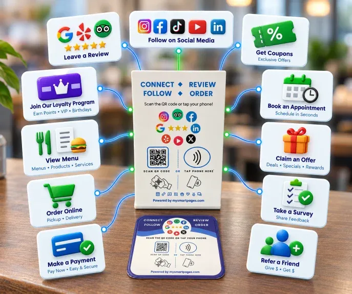 NFC and QR stands and stickers with review, social, offer and loyalty options.