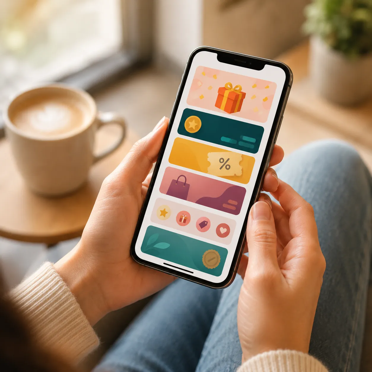 A customer holds a phone showing a merchant Smart Page with offers, reviews and social links.