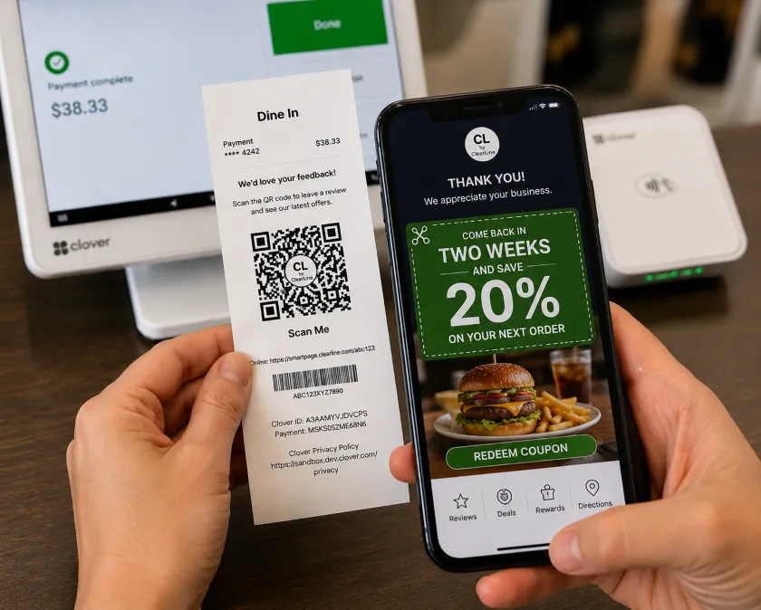 A customer scans the QR code on a Clover receipt and gets a 20% off coupon on her phone.