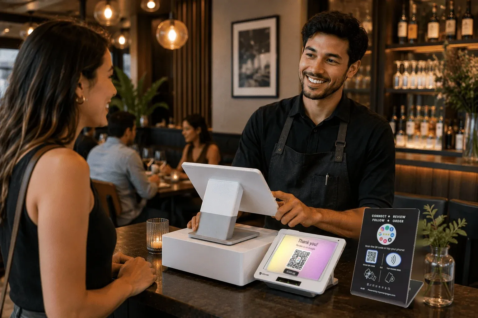 A restaurant server and a guest at a Clover checkout with a customer display and NFC stand.