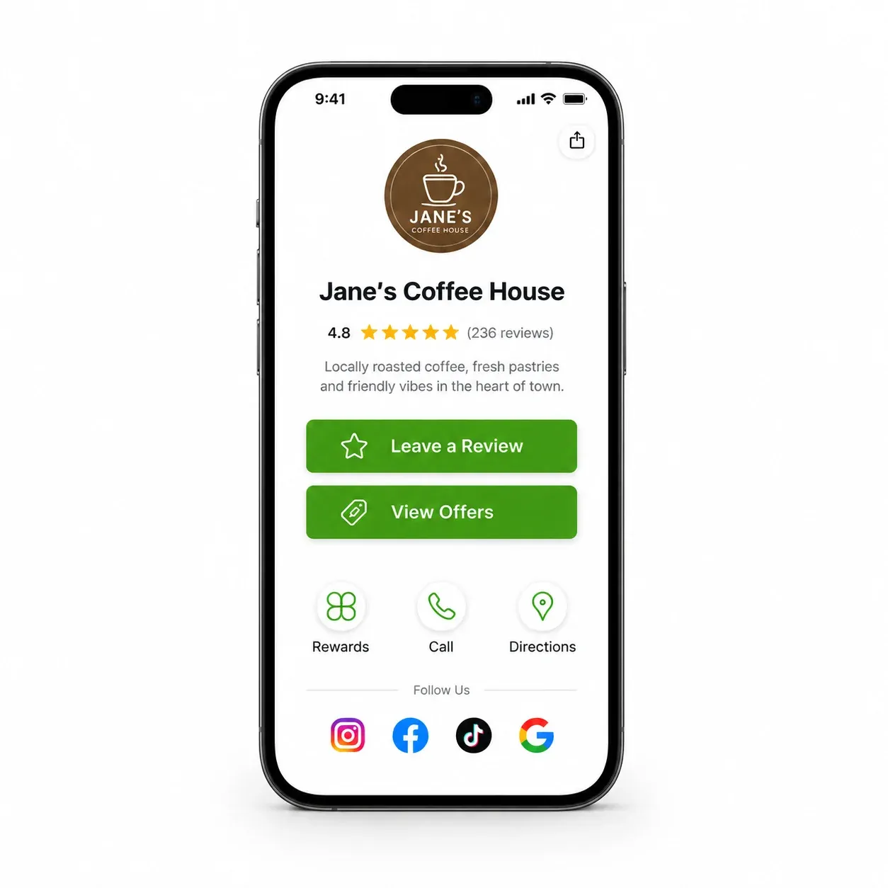 An example merchant Smart Page on a phone with buttons to leave a review, view offers and follow on social media.