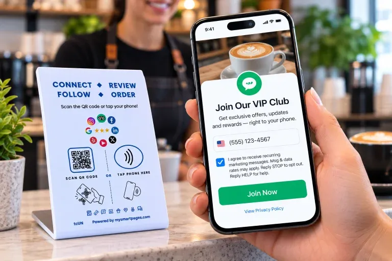 A customer joins a merchant VIP club by text from a QR stand at the counter.