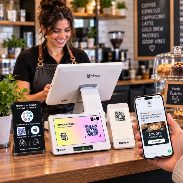 A Clover customer display inviting a customer to join an SMS VIP club.