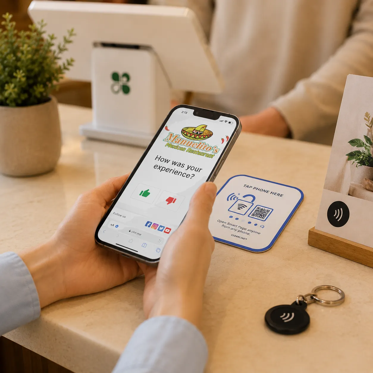 A customer taps a phone on a POS Marketing NFC card on a café table and the merchant page opens.